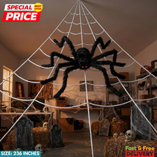 236'' Big Spider Web Halloween Decor 70'' Huge Spider for Roof with Triangular B