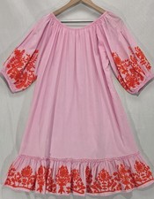 Top It Off Embroidered Shift Dress M/L Pink Cotton Puff Sleeve Summer Beach Boho