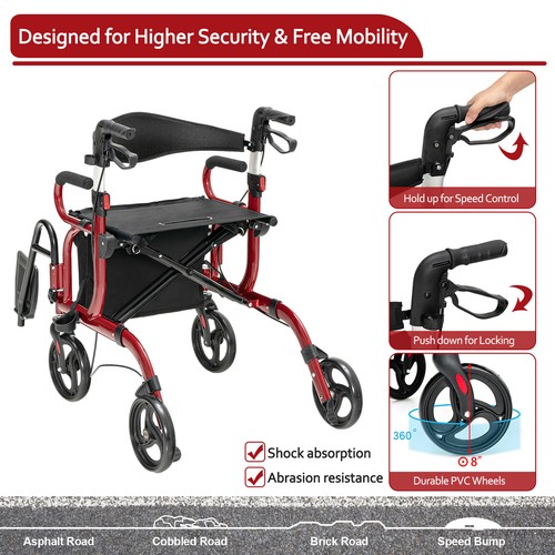 Andador andador con asiento plegable con ruedas de 8 pulgadas soporta hasta 350 libras - Imagen 7 de 10