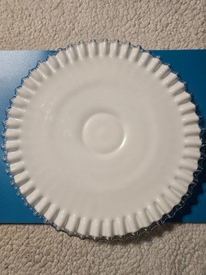 FENTON MILK GLASS SILVER CREST CAKE DISH/PLATE RUFFLED EDGE