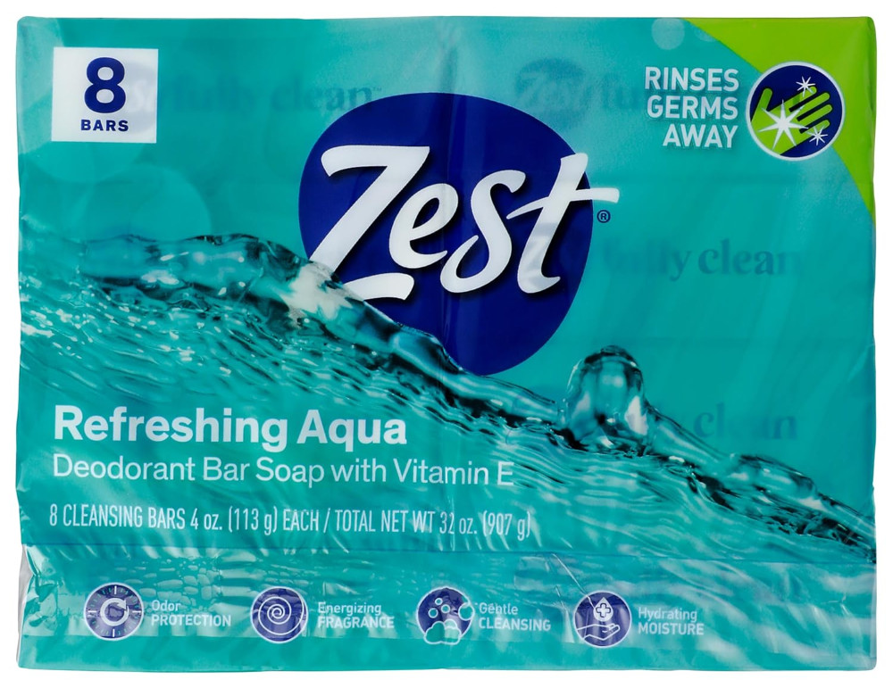 Zest Deodorant Bar Soap, Hydrating for All Skin Types, Aqua, 4 oz, 8 Bar, 32 oz