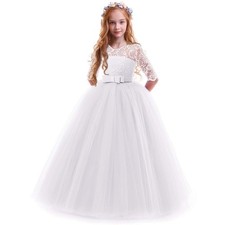 Spring Flower Girl Wedding Bridesmaid 3/4 Sleeves Kids Floral Lace Pageant Co...