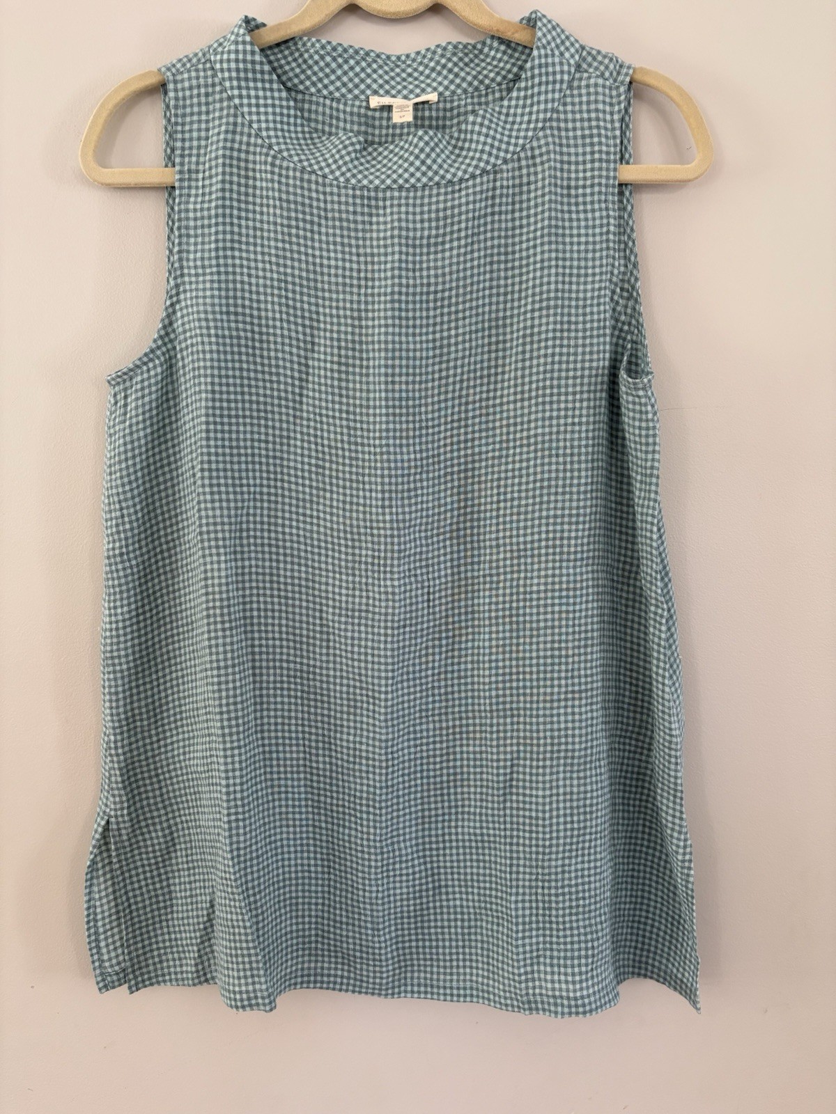 Eileen Fisher Gingham Check Puckered Organic Linen Mock Neck Top S