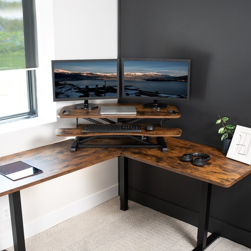 VIVO Corner 38" Schreibtisch Sitz-Steh Monitorerhöhung, Vintage Brown Top, Black Frame - Bild 2 von 8
