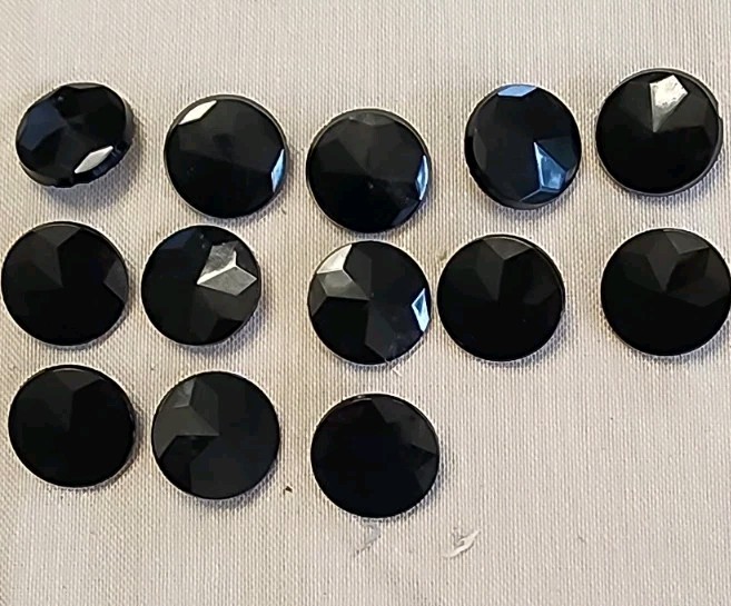 Lot of 13 Vintage Faceted Black Glass Coat Buttons 1"