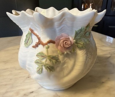 Vintage Belleek Carlingford Cache Pot/Vase with Pink Rose and 3 Shamrocks