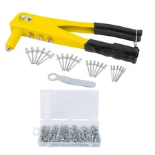 HEAVY DUTY HAND RIVET GUN 4 HEAD NOZZLE RIVETER + 380 ASSORTED POP RIVETS