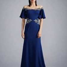 David Meister Evening Gown Beaded Flutter Sleeve Formal Maxi Dress Size 8 Navy