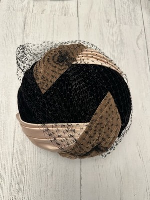 Vintage Women's Pillbox Hat Pink Brown Black Velvet Weave Pattern Net 1950's