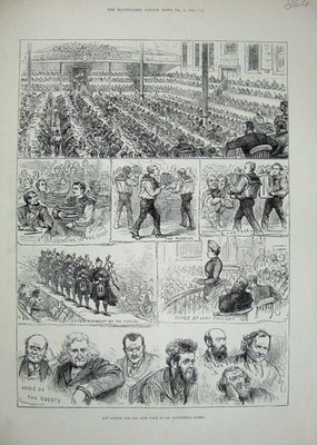 Original alter antiker Druck 1888 heißes Abendessen gealterte arme Leute St Barnardo's Häuser