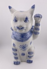 Vintage Maneki Neko Lucky Beckoning Cat Blue  White Porcelain Statue 9  Japan