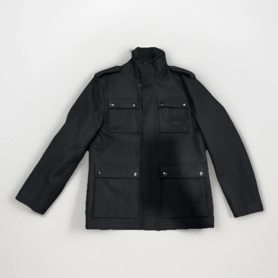 Abrigo Express Hombre Mezcla Lana Estilo Militar en Negro, Talla Mediana Foto 2 de 4