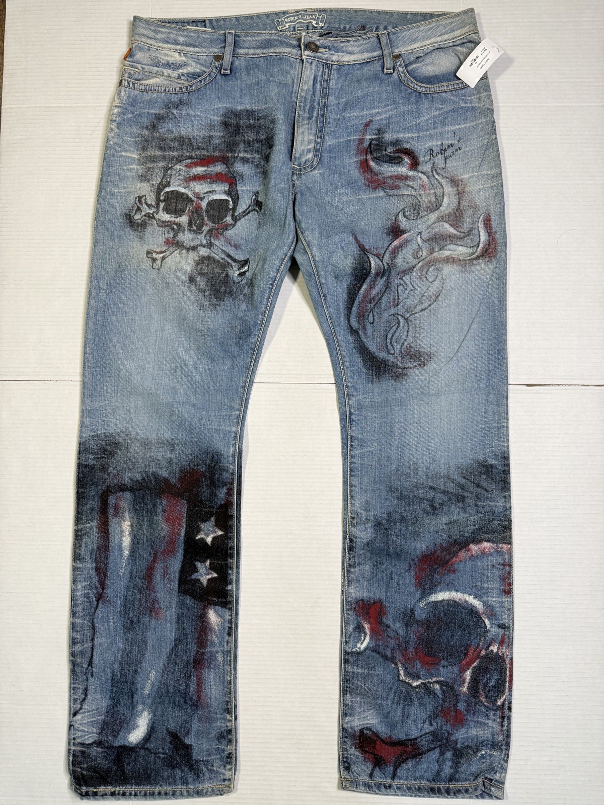 New Men’s Robin’s Jean SZ 42 Style #D5471IND MARLON Painted Flag Pirate Denim