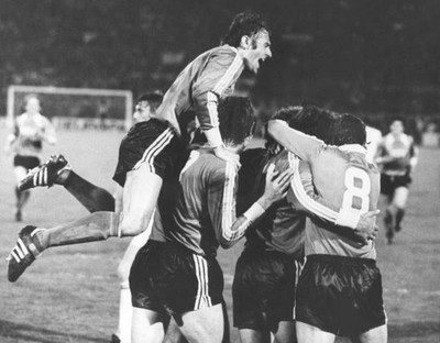 Player Willi Reimann jumps joy cheering hugging teammates They con- Old Photo