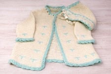 1950s Toddler Girl Long Open Knit Cardigan Ivory Teal Matching Hat