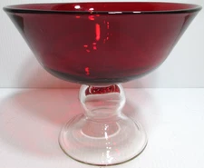 Decorative Art Glass Compote Pedestal Bowl Vase Hand Crafted Red Clear 6 1/4" T