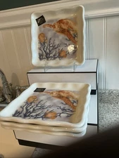 4 EFFETTI Square Side Salad Plates SEA TURTLE Italy Nautical Reef BN RARE FIND