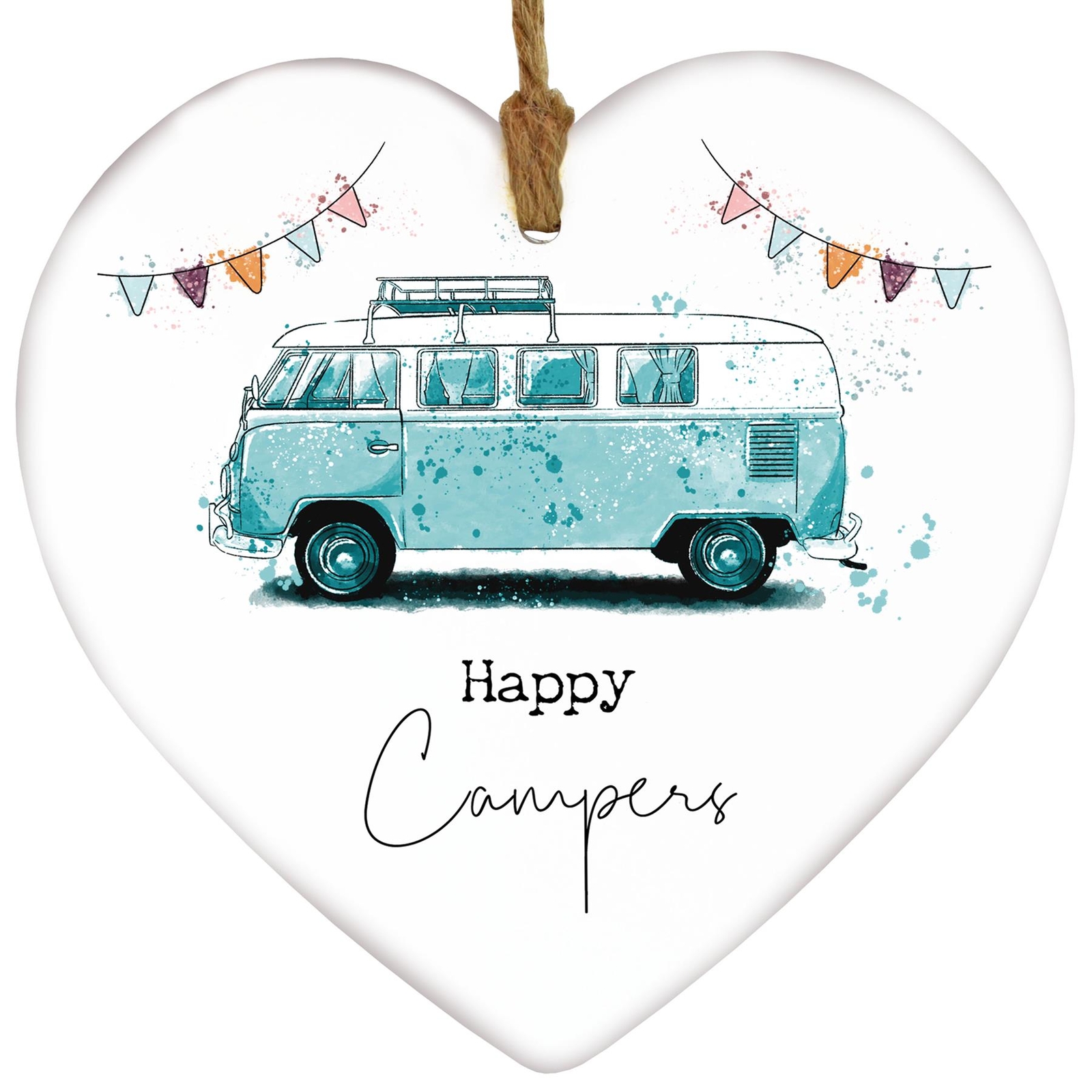 Happy Campers Blue Watercolour Campervan Heart Ceramic Hanging Plaque
