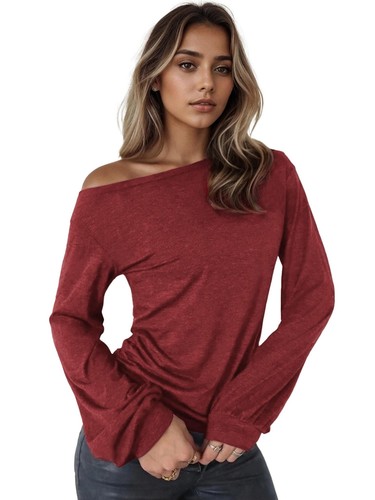 Women's Tops Oblique Shoulder Lantern Sleeve Long Sleeve T-Shirt - Imagen 11 de 14