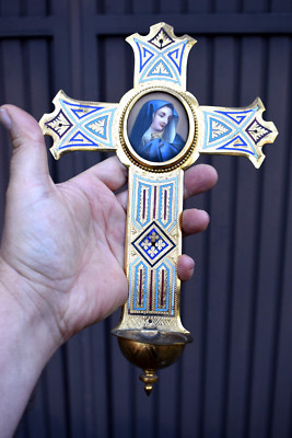 Antique  brass cloisonne enamel hand paint madonna porcelain holy water font