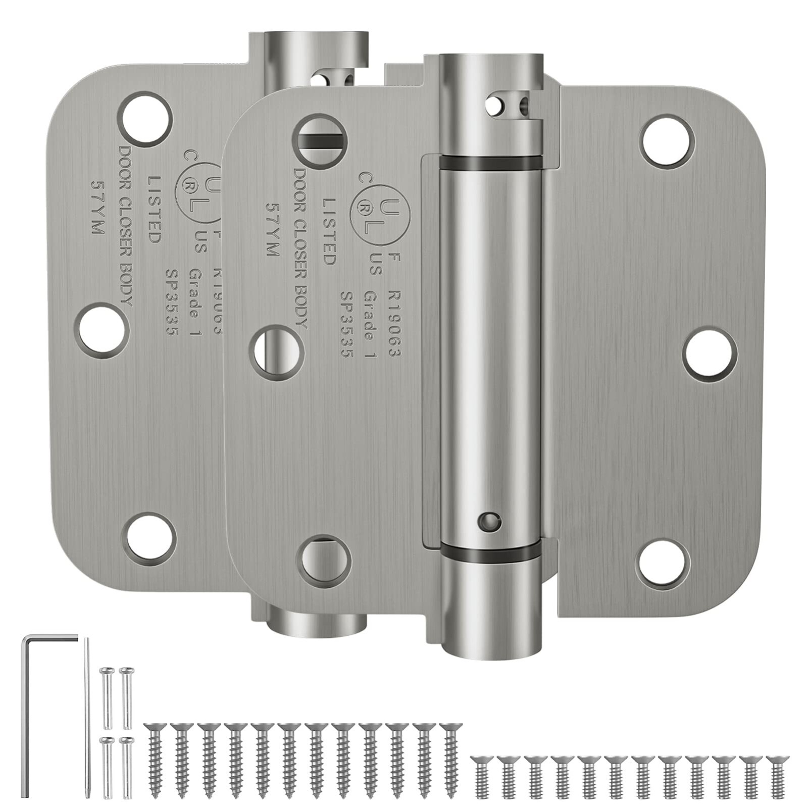 Self Closing Door Hinges 3.5 Inch, Spring Loaded Hinges, Brushed Nickel, 2 Pack