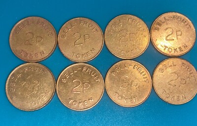 Vintage Bell Fruit 2p x8 Spielautomat Metall Token Selten (A)
