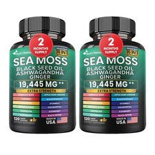 Sea Moss, Black Seed Oil, Ashwagandha, Turmeric, Ginger 16 in 1 2 Bottles