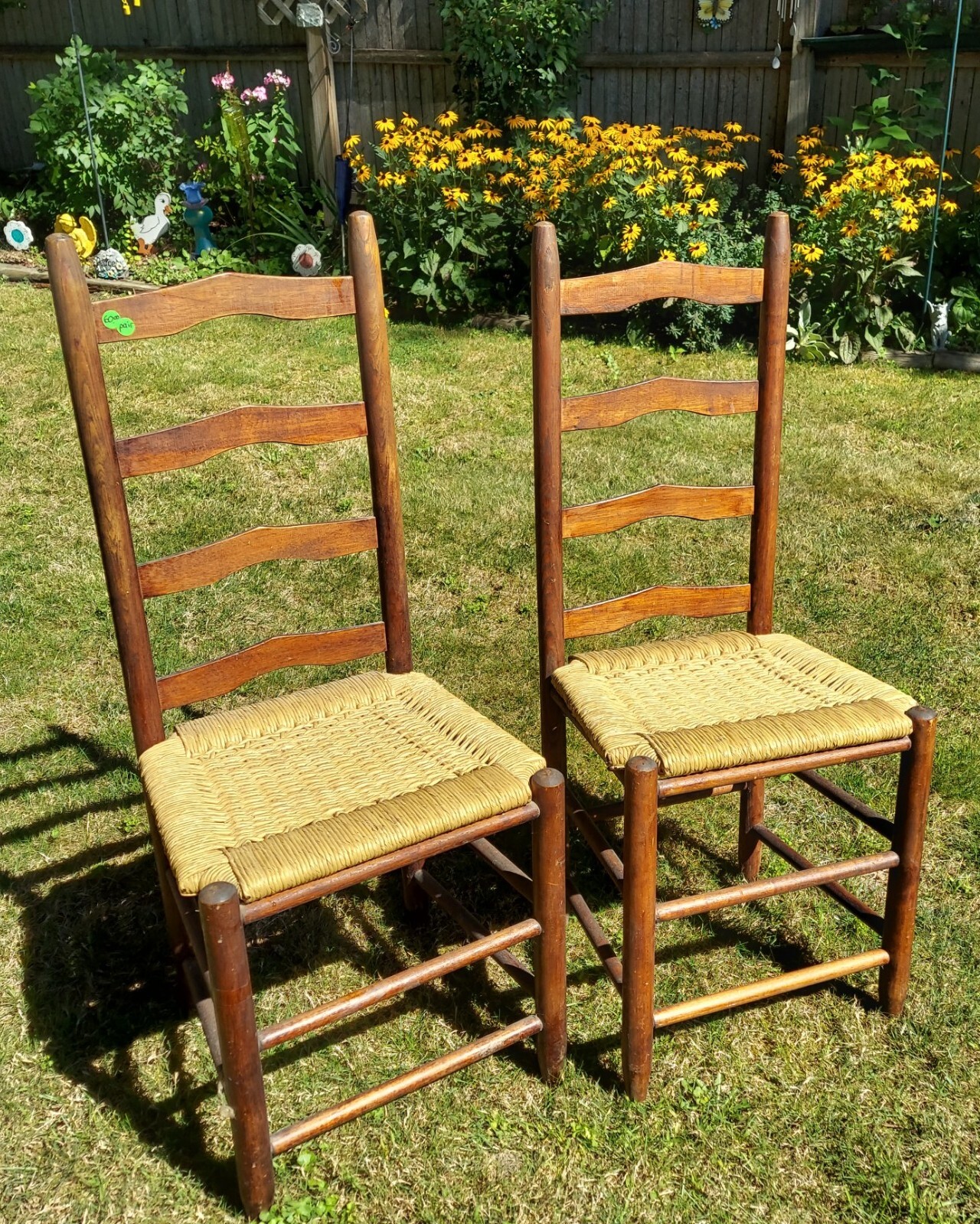2 Vintage Farmhouse Ladder Back Dining Chairs Woven Cane Rush Bottom Seat eBay