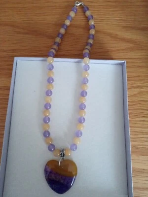 New Ambronite & Jade Violet With Agate Love Heart Pendant 19" Necklace - Image 1 of 4