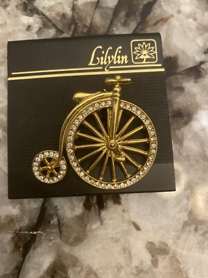 Vintage Crystal Bicycle Pin Lilylin Gold Metal Brooch From Marshall Fields Nos