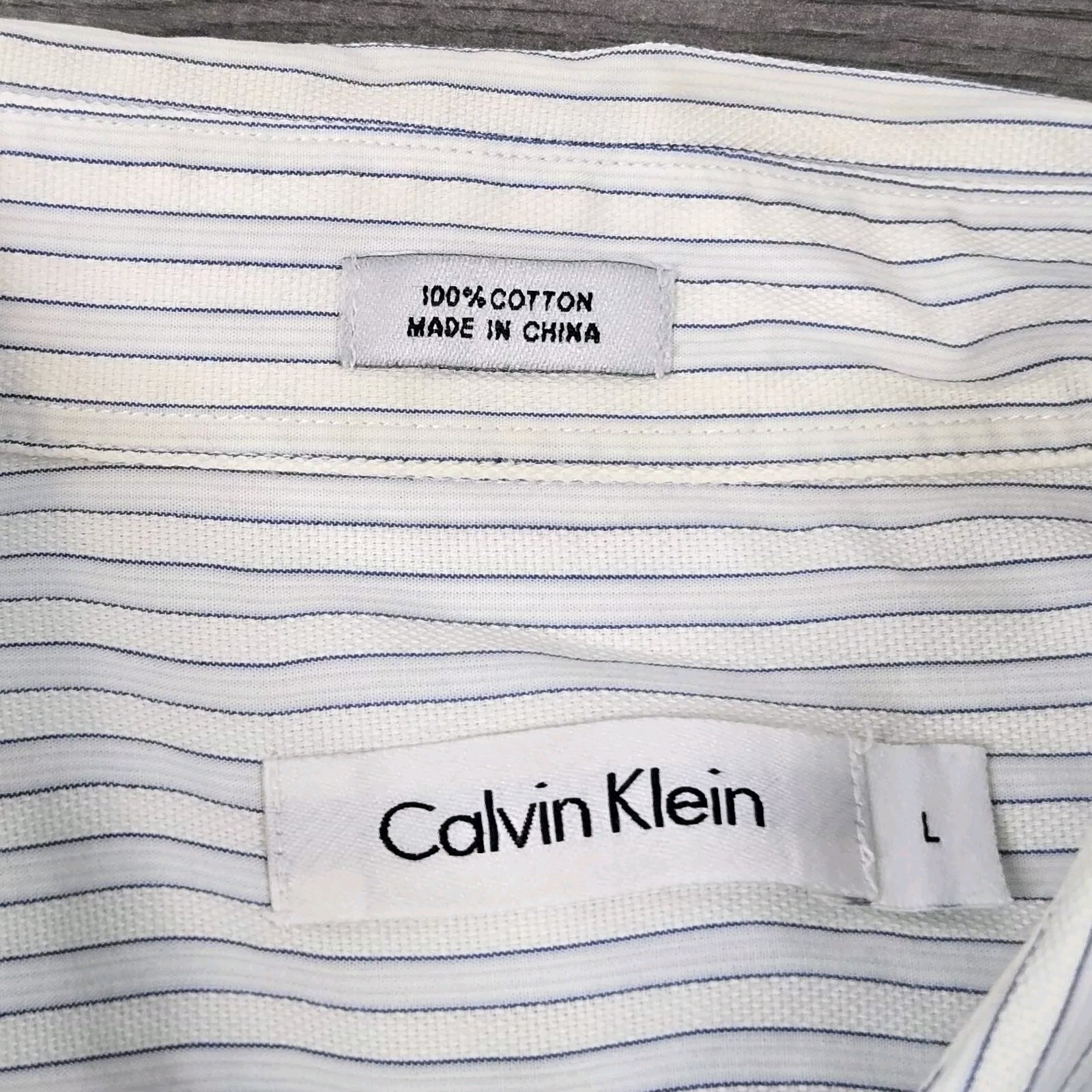 Calvin Klein Shirt Mens L White Blue Striped Long Sleeve Button Up Slight Stain thumbnail 6