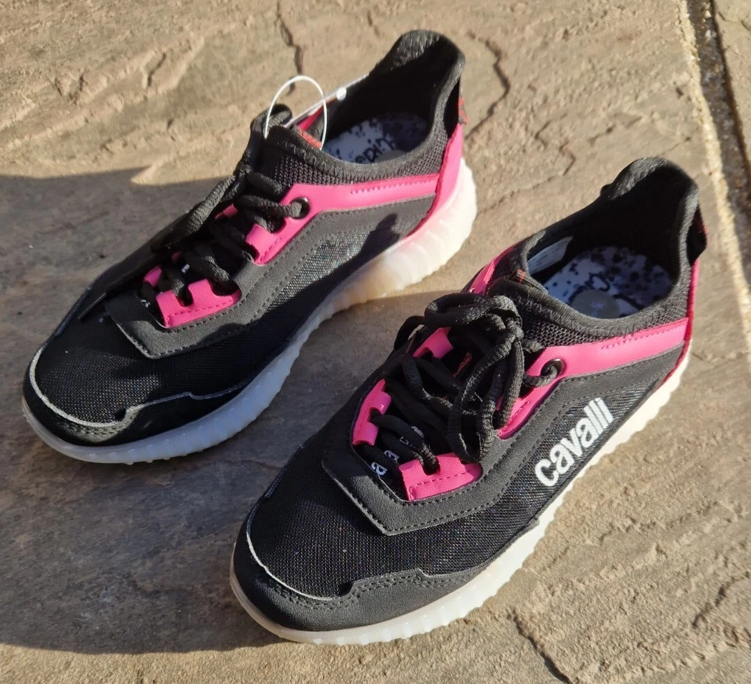 Cavalli Class Sport Lace Up Trainers Sneakers NEW Black And Pink Size UK 6
