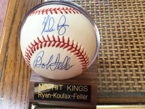 Sandy Koufax Nolan Ryan Bob Feller Signed Baseball with COA No Hit Kings *NICE*