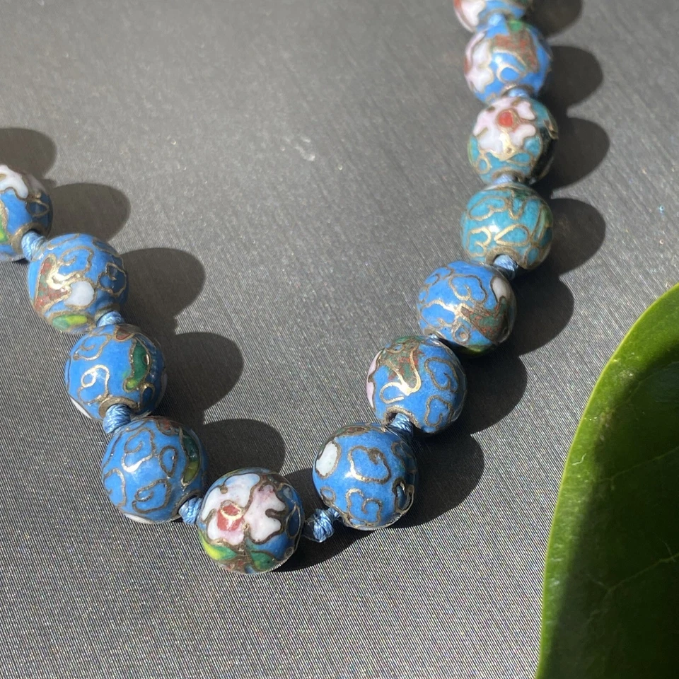 Colar vintage esmalte cloisonne fecho filigrana Vermeil floral contas chinesas antigas - Imagem 4 de 4