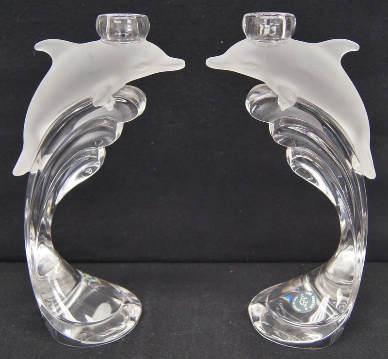 PAIR OF LENOX Crystal Frosted Dolphin 9" Candleholders GERMANY