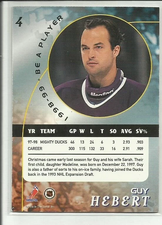 1998-99 In the Game Be A Player #4 Guy Hebert Mighty Ducks of Anaheim - Image 2 of 2