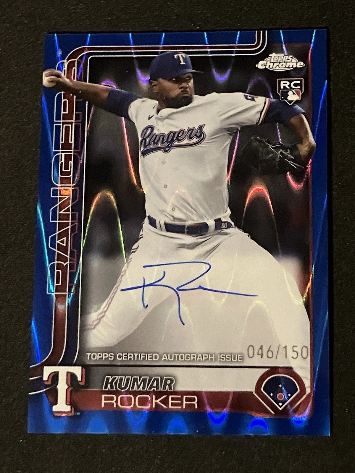 2025 Topps Chrome Kumar Rocker Auto Blue Raywave /150 Rookie - Rangers RC #RAKR