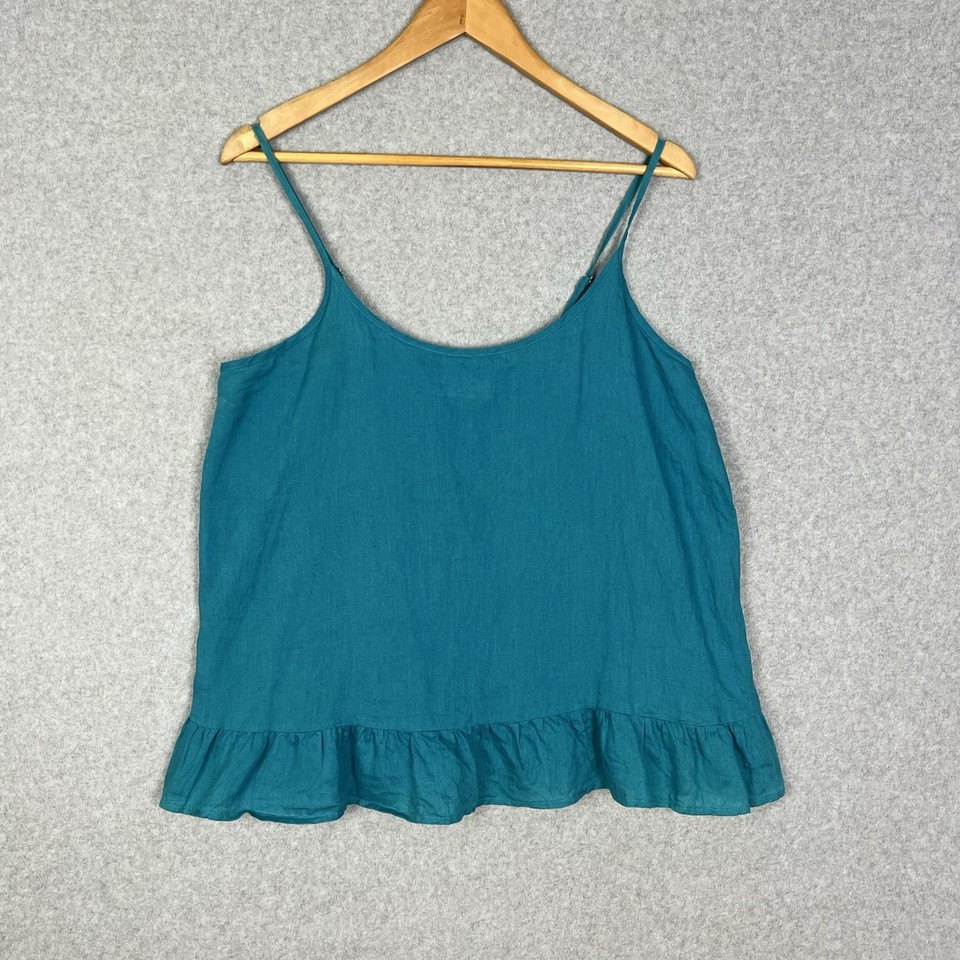 Eb & Ive Linen Top Womens L Teal Blue Cami Singlet Ruffle Sleeveless Camisole