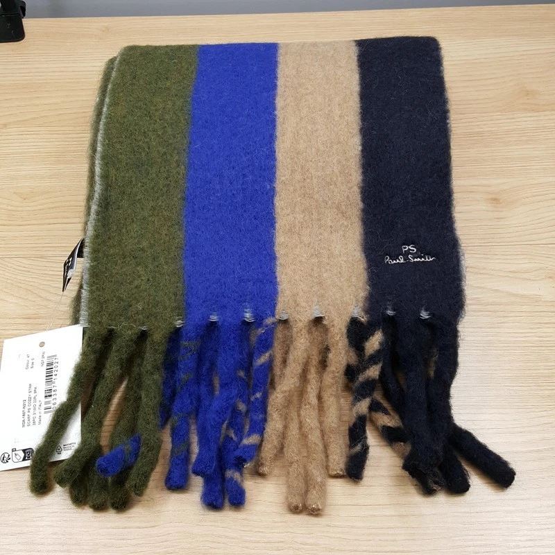 PAUL SMITH Para Hombres Bufanda Verde Tostado Azul Rayas Acogedor Tejido Flecos Dobladillo Logo 10x66 $125 Foto 2 de 4