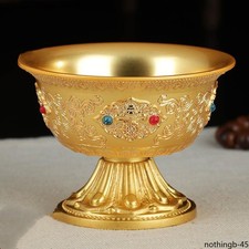 Tibetan Embossed Buddha Bowl Handicraft Inlaid Gem Alloy Gold Holy Water Cup