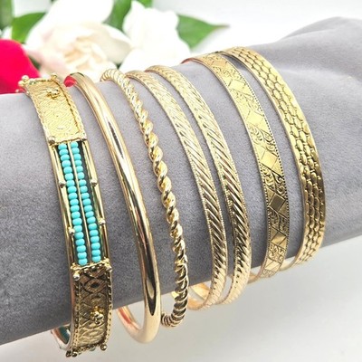 Gold Tone Bangle Bracelet Stack 7pc Turquoise Seed Bead Etched Textured Stacking