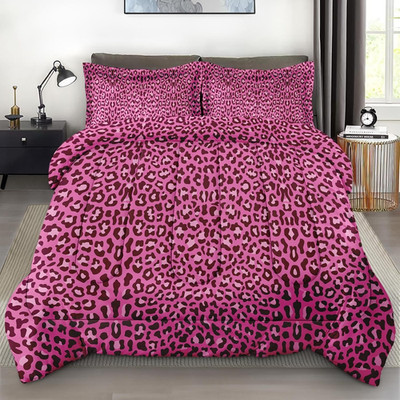 Comforter Set with 2 Pillowcases Queen Size, Pink Leopard Cheetah Print, Bed Dec