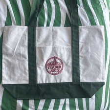 TRADER JOE'S LARGE CANVAS BAG HEAVY COTTON REUSABLE SHOPPING BAG WHITE GREEN