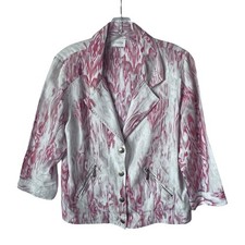 Chicos Orange  Cream Ikat Print Linen Blend Button Jacket 3/4 Sleeve Small