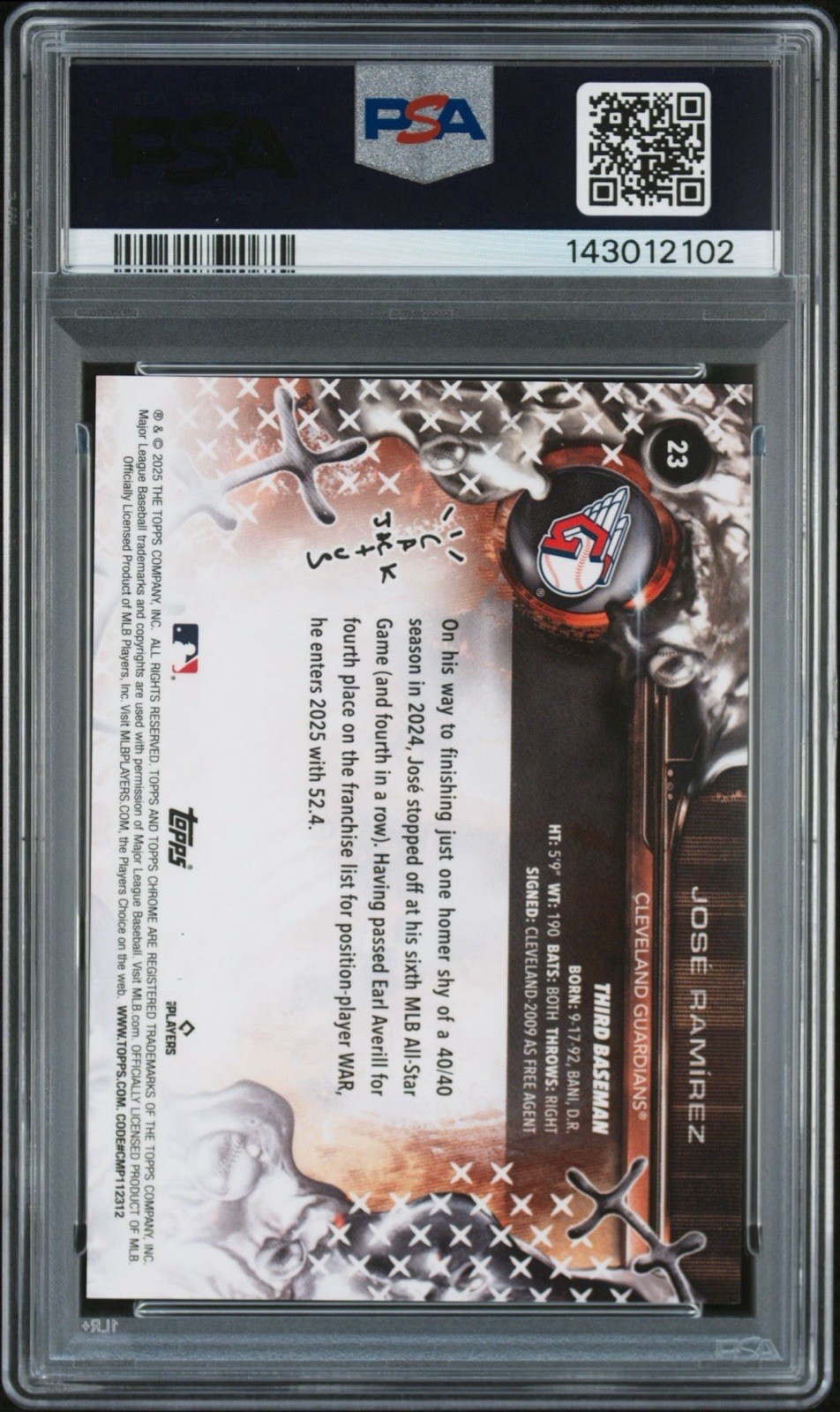 Jose Ramirez Signed 2025 Topps Chrome Cactus Jack Orange Ref /25 Auto PSA 10/10 view 2