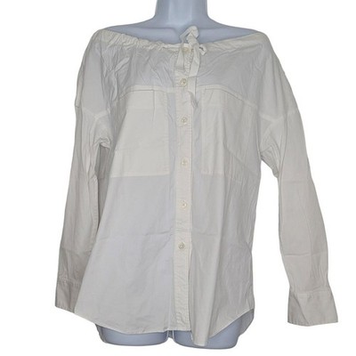 Theory Button Up Shirt 0P Cream Off Shoulder Long Sleeve Pockets Cotton Neutral