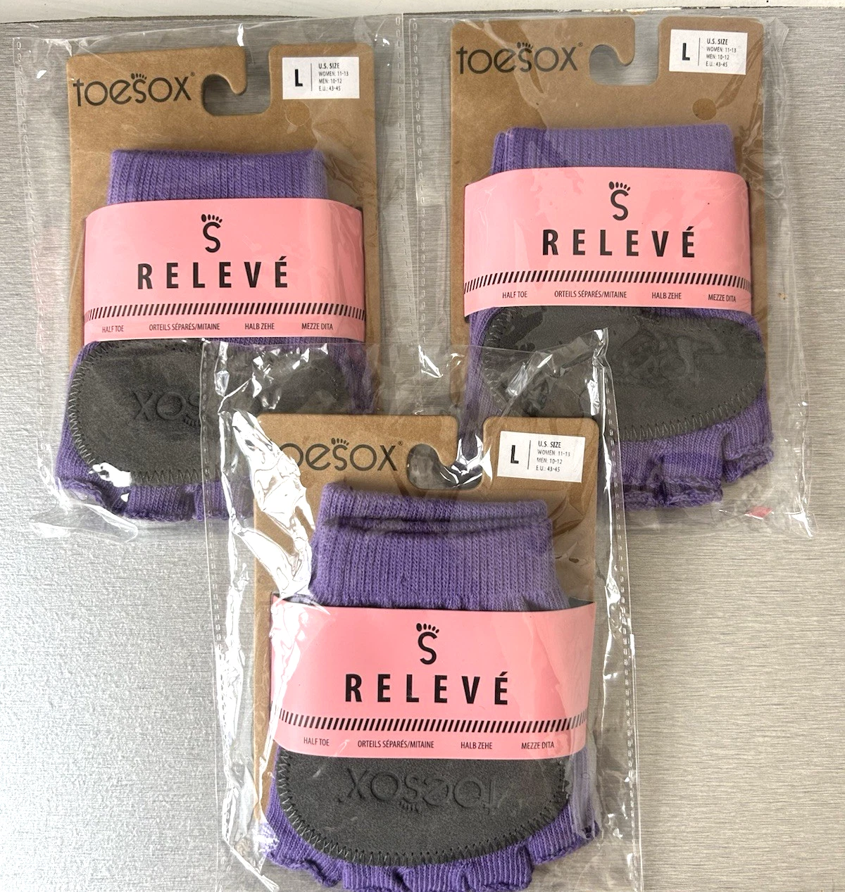 Toesox LOT 3 SETS Half Toe Releve Light Purple Organic Cotton Pilates Dance Sz L