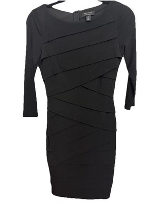 White House Black Market Black Sheath Dress Size 2 3/4 Sleeve Stretch Knit Women
