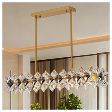 40 Inch Gold Linear Crystal Chandelier with 10 Lights - Modern Farmhouse High...
