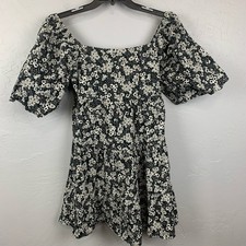 Faithful The Brand Dress Large Black Cream Floral Mini Smocked Romantic